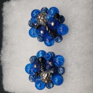 Vintage Cluster Shades of Blue Bead and Silver Clip Earrings